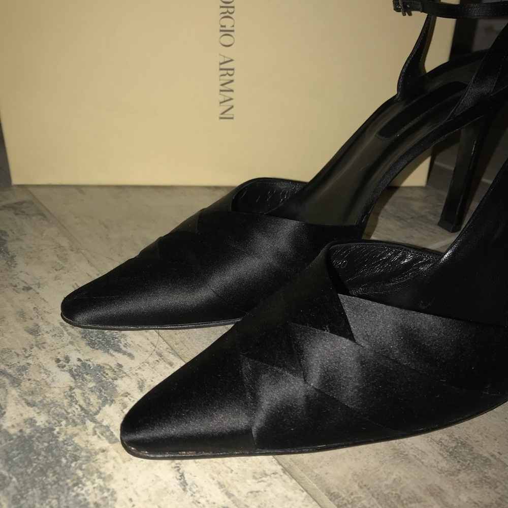 Giorgio Armani Black Satin Pointed Toe Ankle Strap Heels